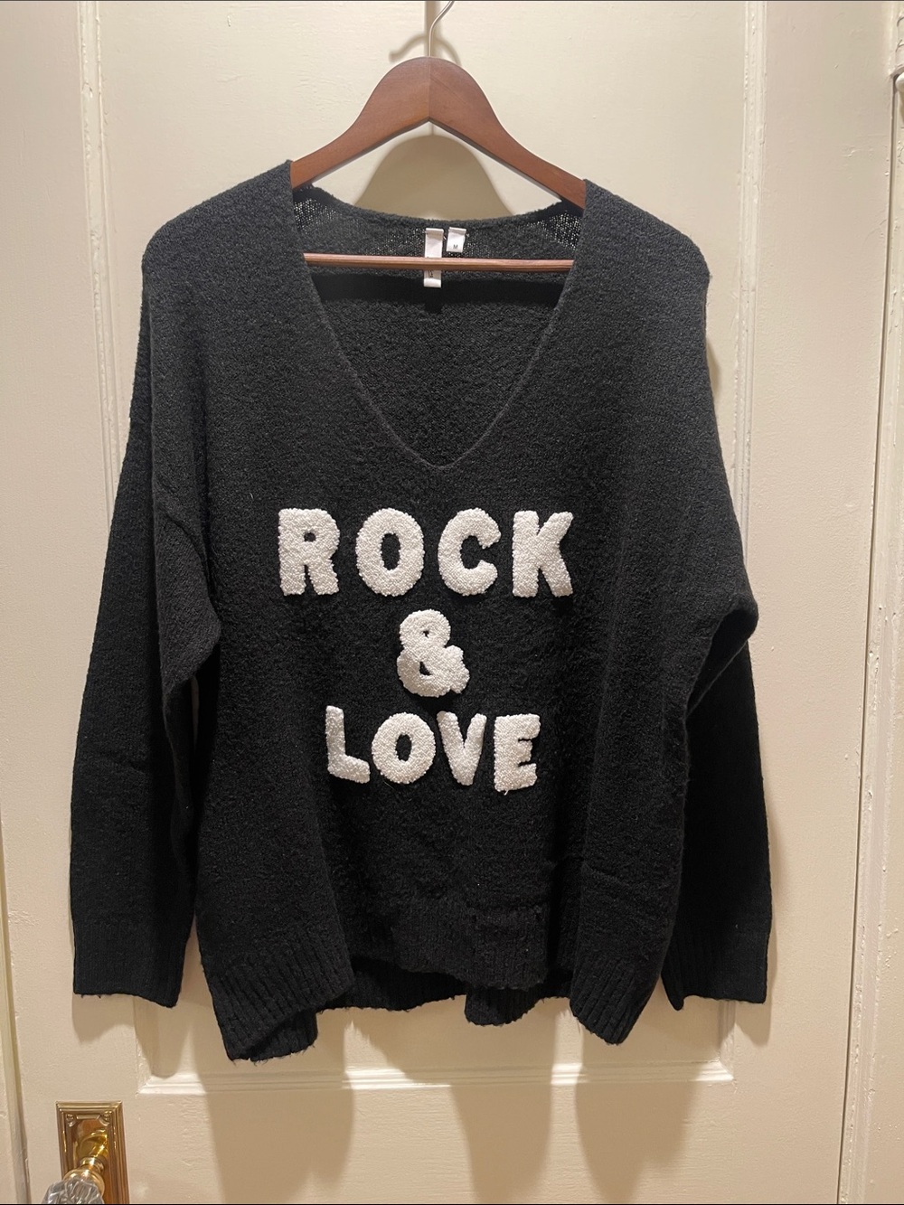 Elan Black V-Neck Sweater with White 'Rock & Love' Applique